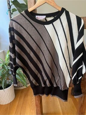 Vintage Striped Dolman Sleeve Sweater - Black, Gray & Cream